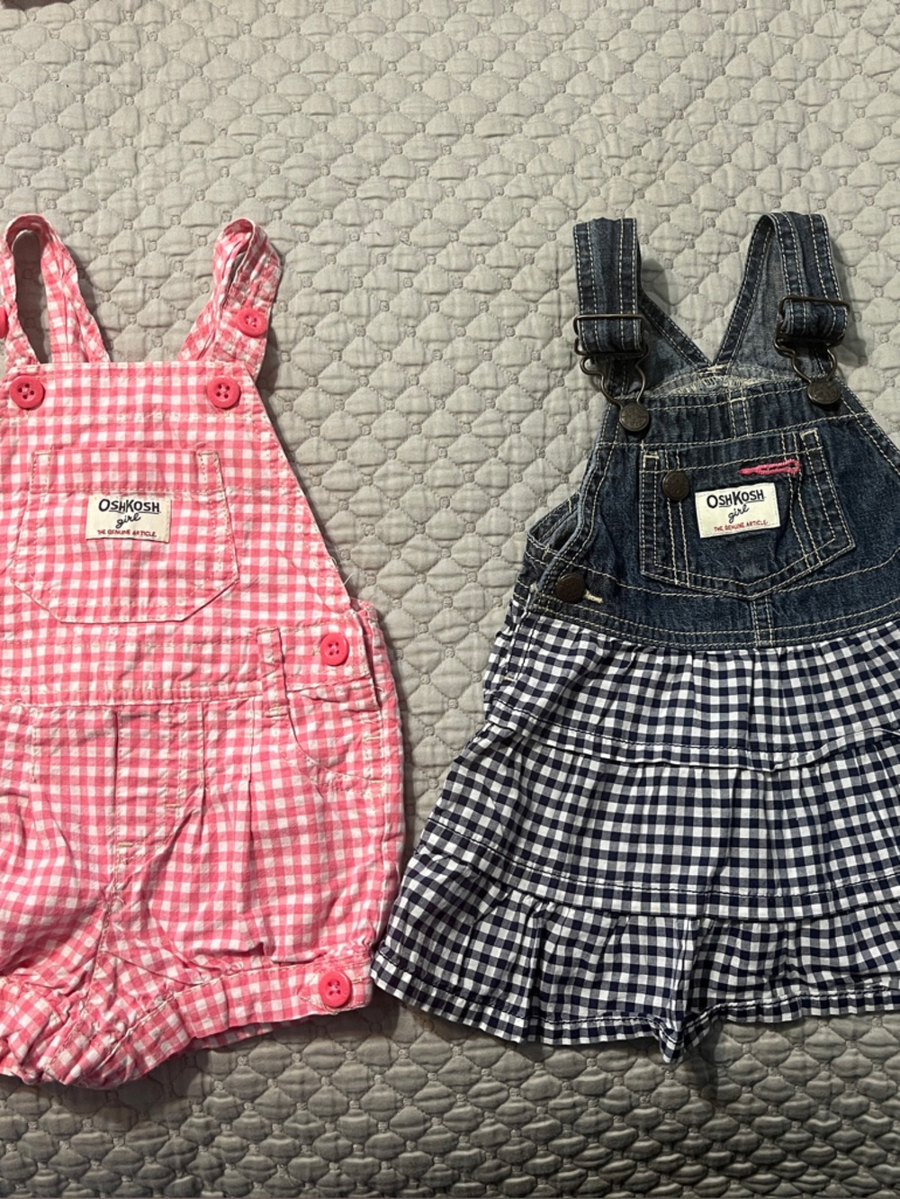 OshKosh Pink Gingham Romper & Navy Gingham Denim Overall Dress Set